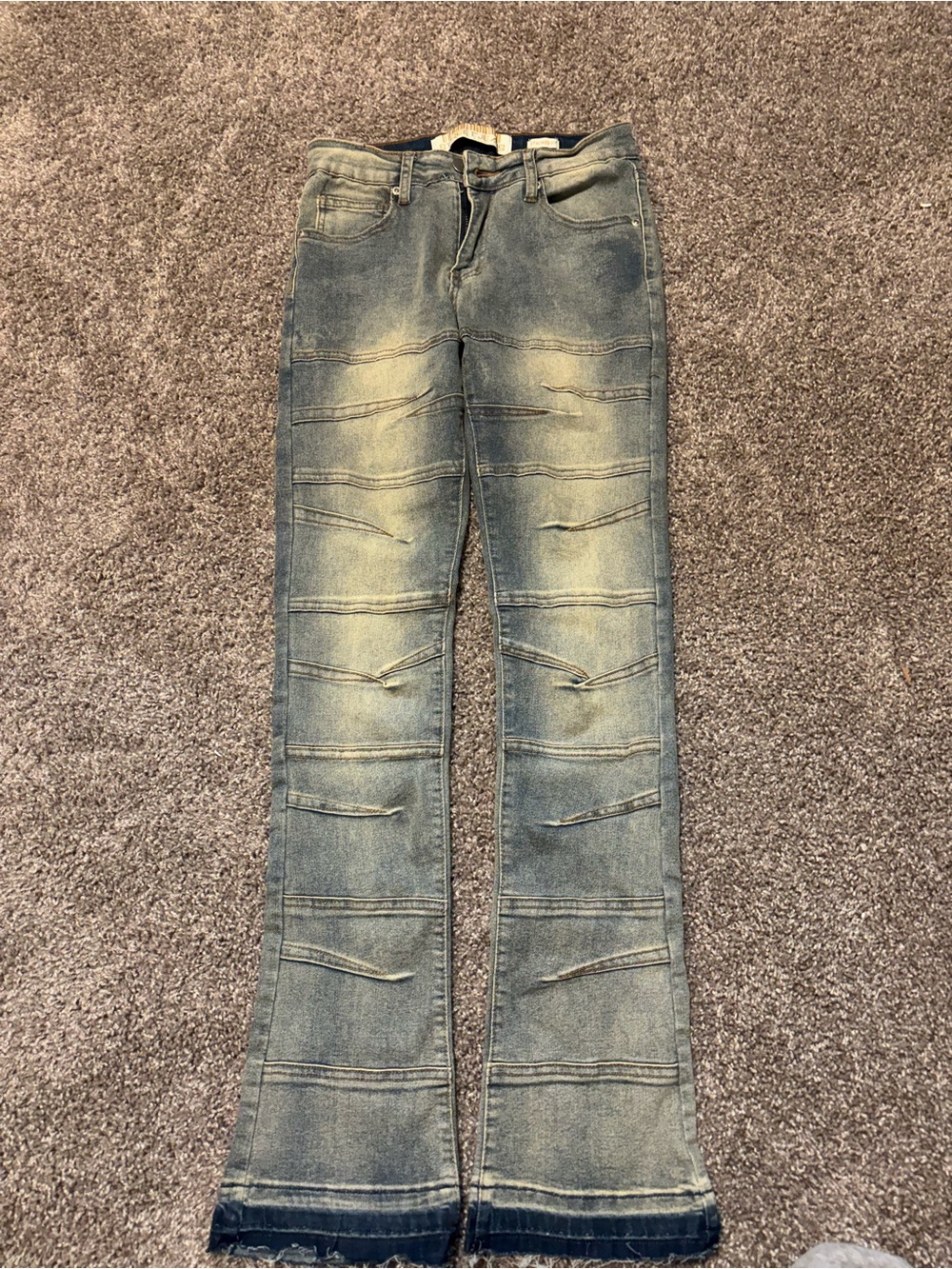 Men's Washed Blue Flared Jeans with Distressed Paneling